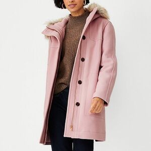 NEW Ann Taylor Blush Pink Wool Blend Faux Fur Trim Duffle Coat